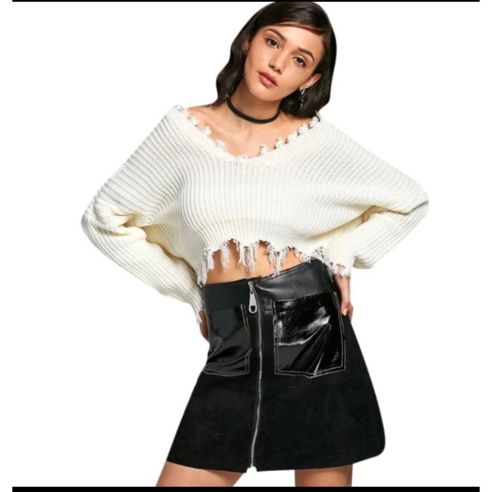 Zaful Frayed Cropped Oversized Pullover Sweatshirts One Size Color White Cream